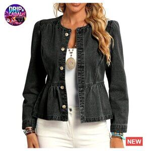 Denim Jacket Button Down Peplum Ruffle Flare Hem Casual Streetwear Chic